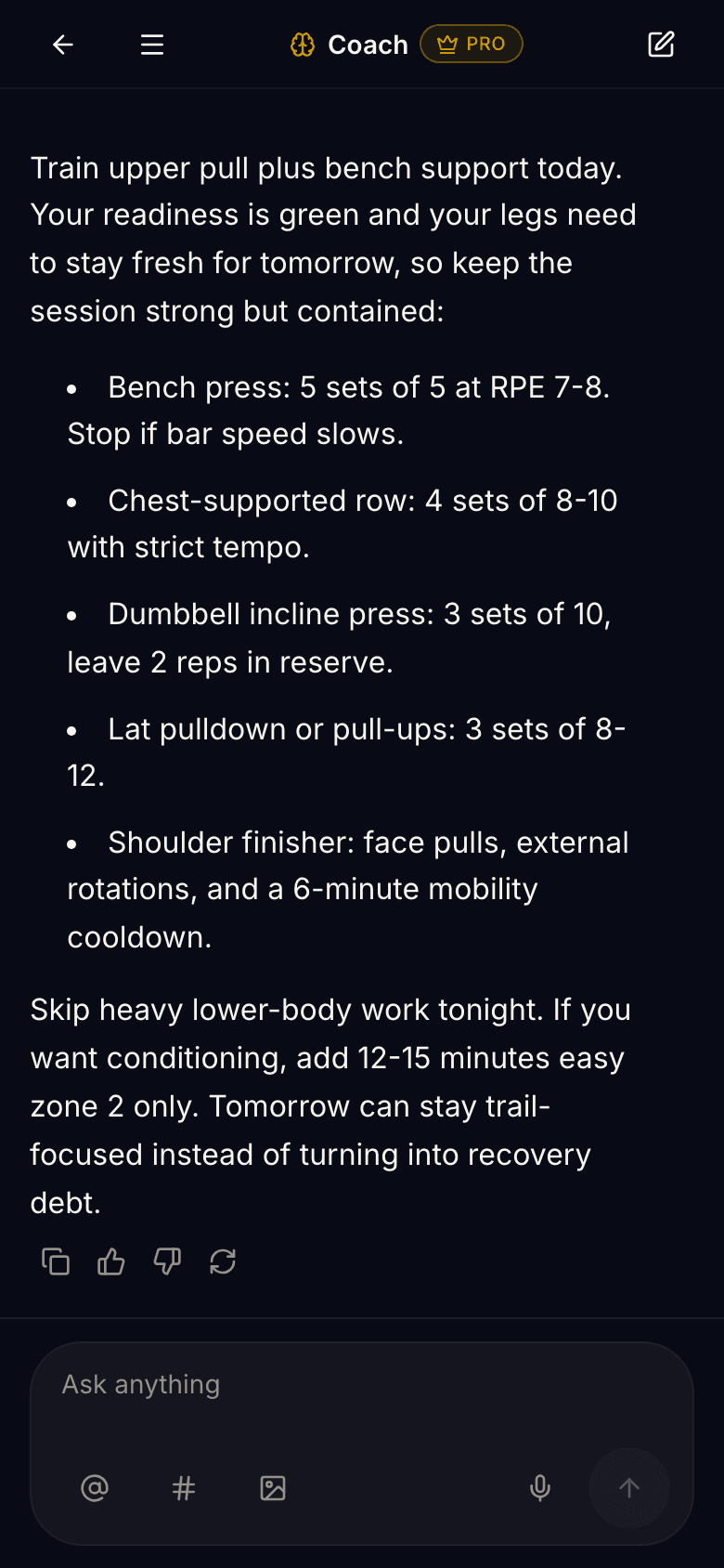 REPCIR coach screen with a premium AI training response