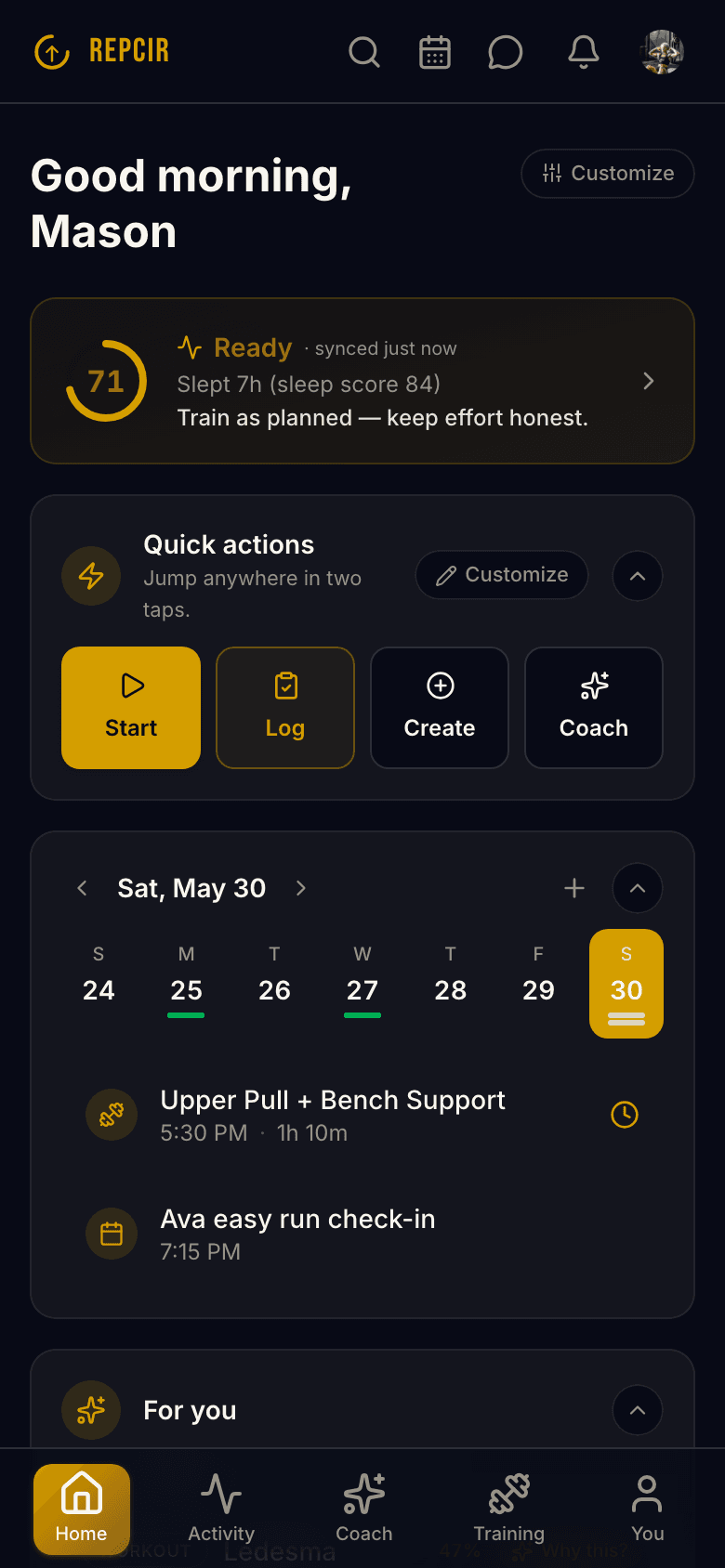 REPCIR home screen with readiness, schedule, and workout actions